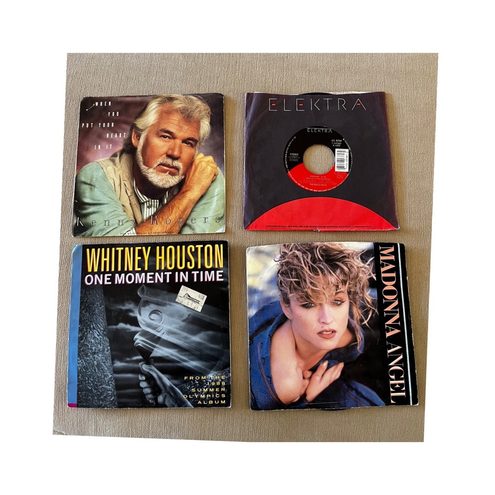 Vintage 80s 45 RPM Vinyl Record Lot Madonna Whitney Houston Beach Boys Rogers
